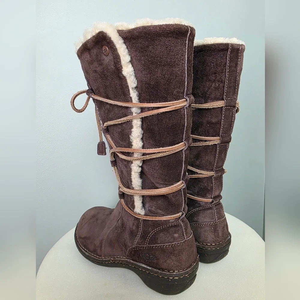 UGG Australia Mid-Calf Brown Suede Boots Shearling Trim Leather Lace-Up 7US/38EU